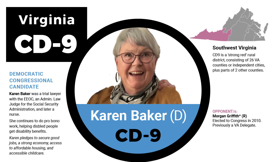 Viginia CD9 candidate Karen Baker and info about Karen and her district.